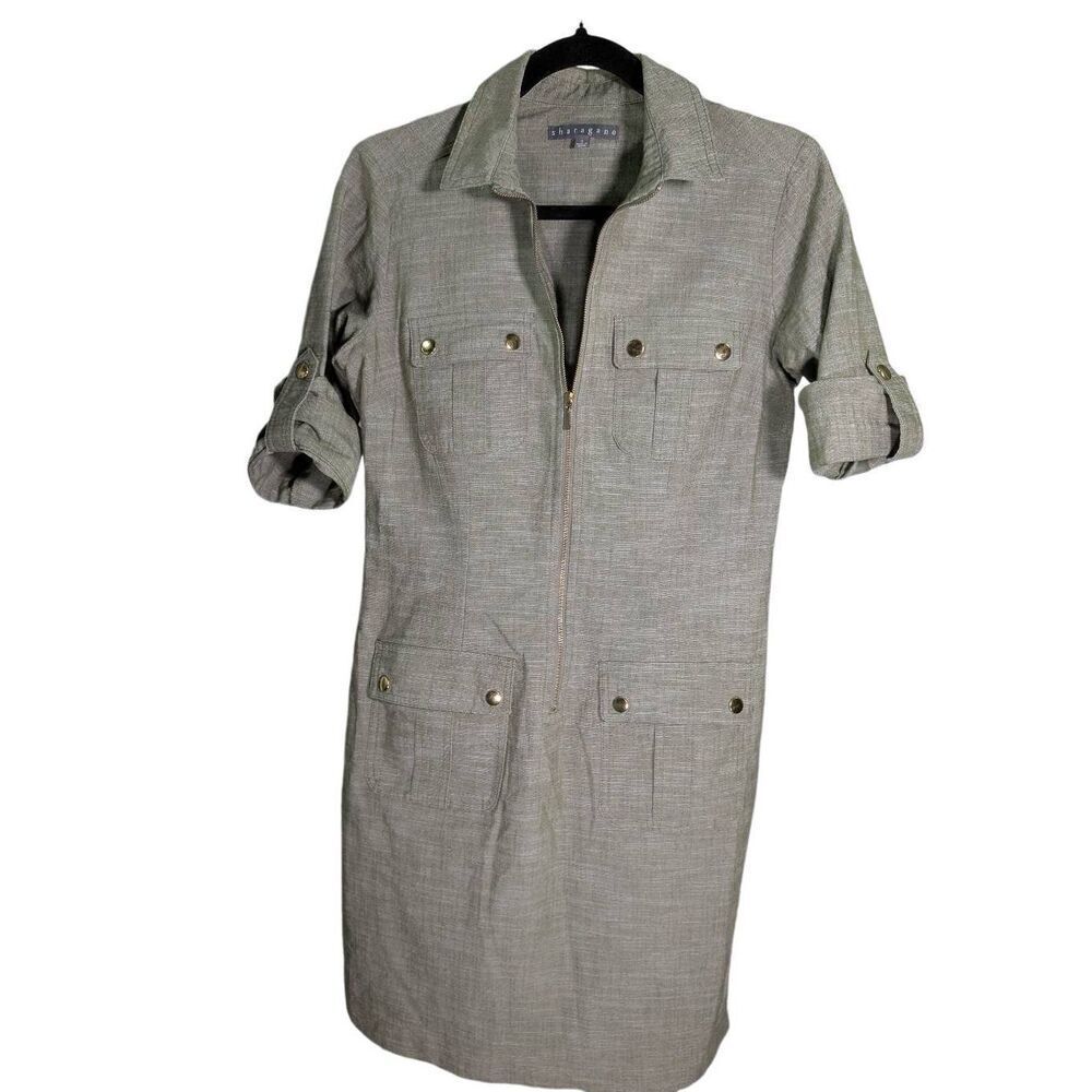 Sharagano Dark Military Green Shirt Dress Ladies 4  Office Street Wear